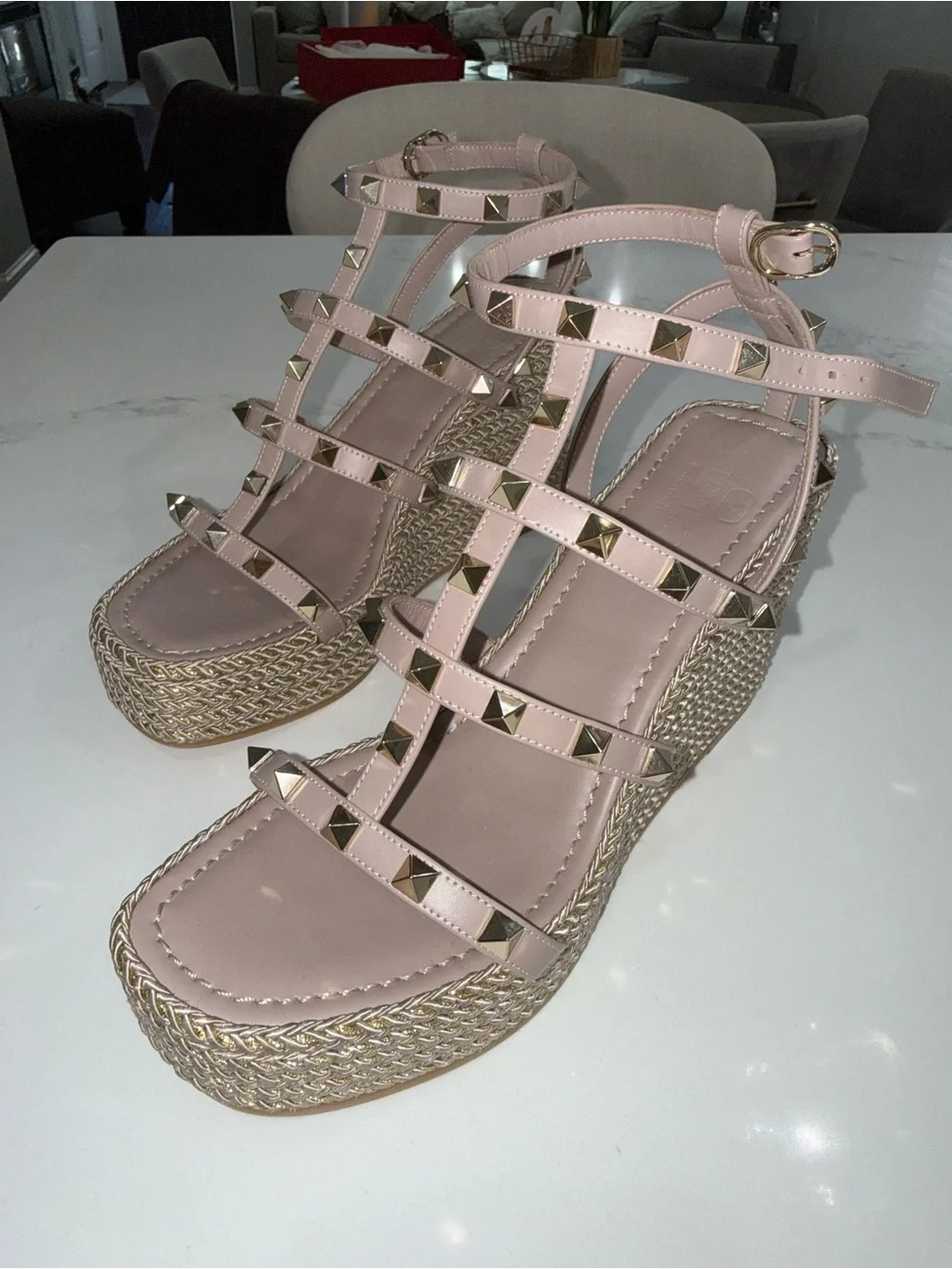Valentino Pink Rockstud Espadrille Wedge Sandals